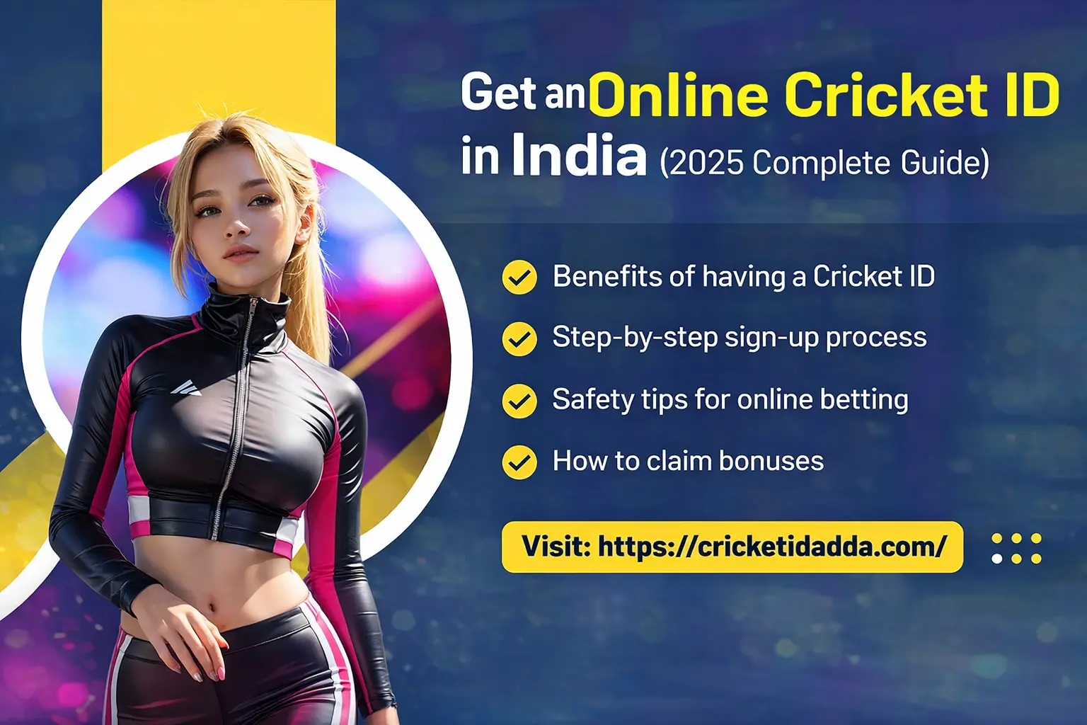 Get an Online Cricket ID in India 2025 complete guide banner showing benefits, sign-up steps, safety tips, and bonuses by Cricket ID Adda