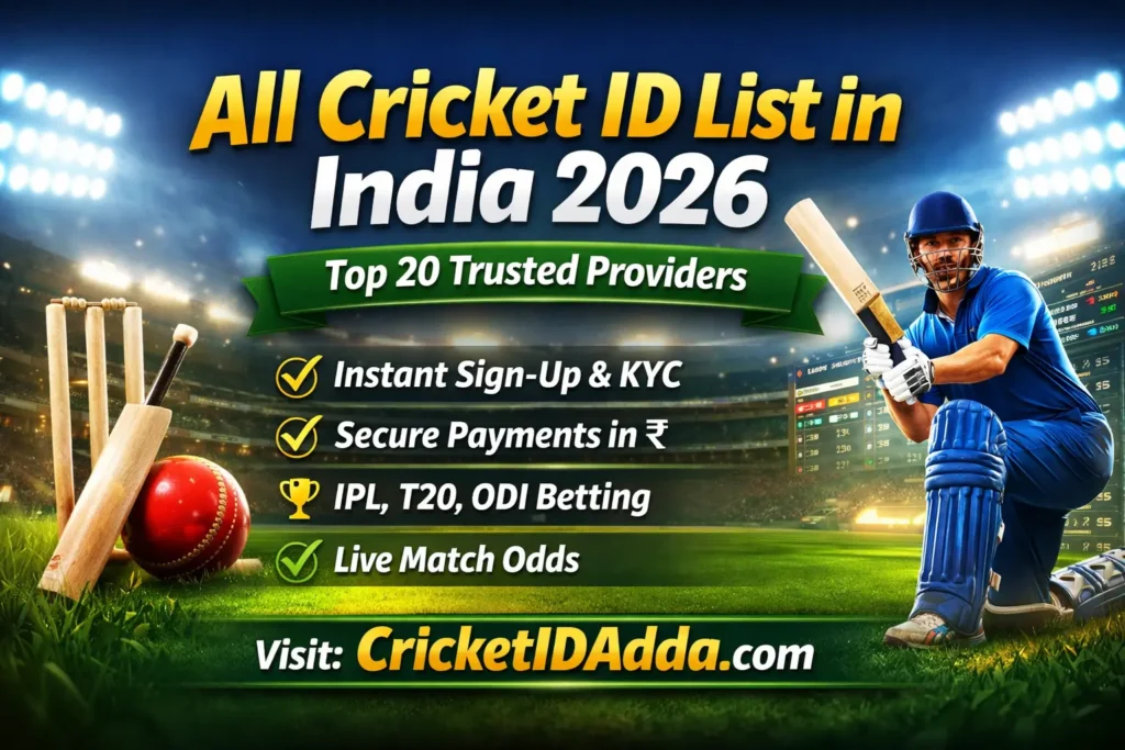 All Cricket ID list in India 2026 banner showing top trusted Cricket ID providers – CricketIDAdda
