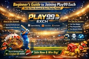 Play99 Exch account registration guide banner with sports betting and casino games