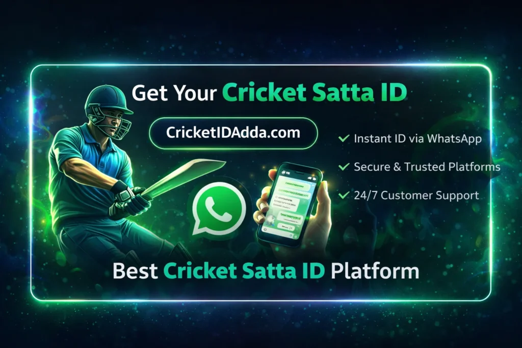 Cricket Satta ID banner showing instant Cricket ID via WhatsApp with secure betting platform and 24/7 customer support