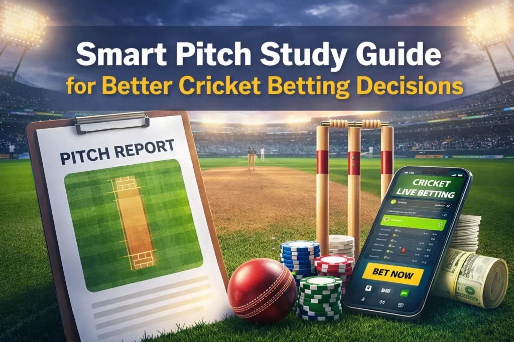 Smart pitch report analysis guide for better cricket betting decisions with stadium background and betting app