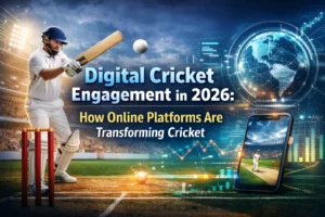 Digital cricket engagement in 2026 showing online platforms transforming cricket experience with technology and live match interface