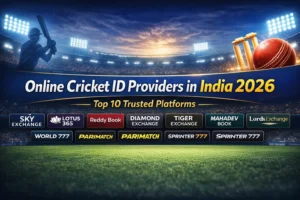 Online Cricket ID Providers in India 2026 banner showing top 10 trusted platforms including Sky Exchange, Lotus 365, Reddy Book, Diamond Exchange, Tiger Exchange, Mahadev Book, Lords Exchange, World 777, Parimatch and Sprinter 777