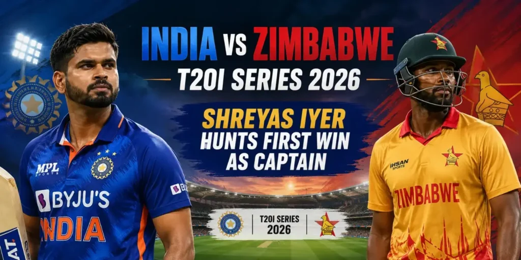 India vs Zimbabwe T20I Series 2026 banner featuring Shreyas Iyer leading India against Zimbabwe