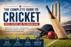 The Complete Guide to Cricket: Rules, History, and the Modern Game blog banner featuring cricket bat, ball, helmet, stumps, and stadium.
