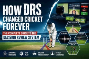 Decision Review System (DRS) in cricket showing Hawk-Eye, UltraEdge, ball tracking, and third umpire technology